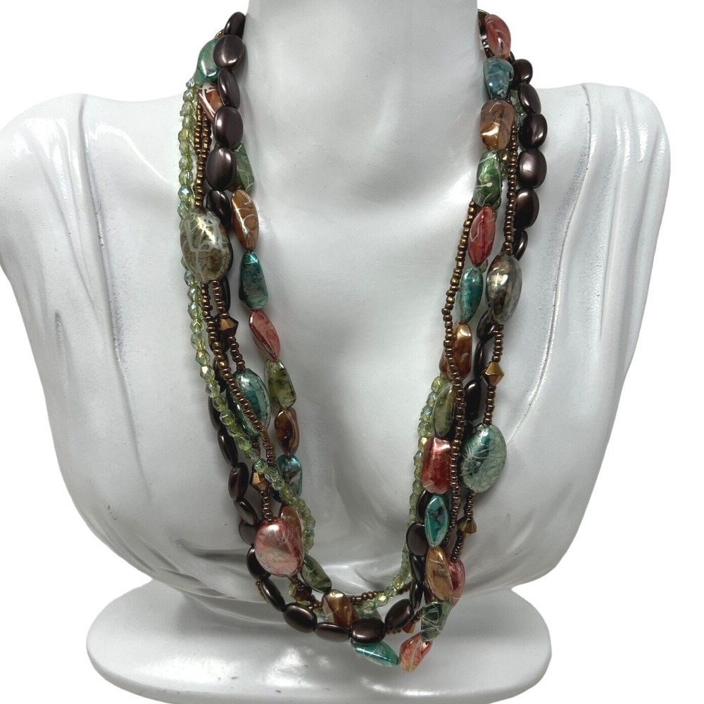 Boho Beaded Necklace Brown Shiny Crackled Blue Red Orange Beads‎